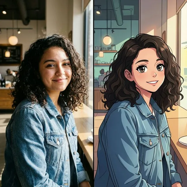 A portrait photo beside its anime-style AI version