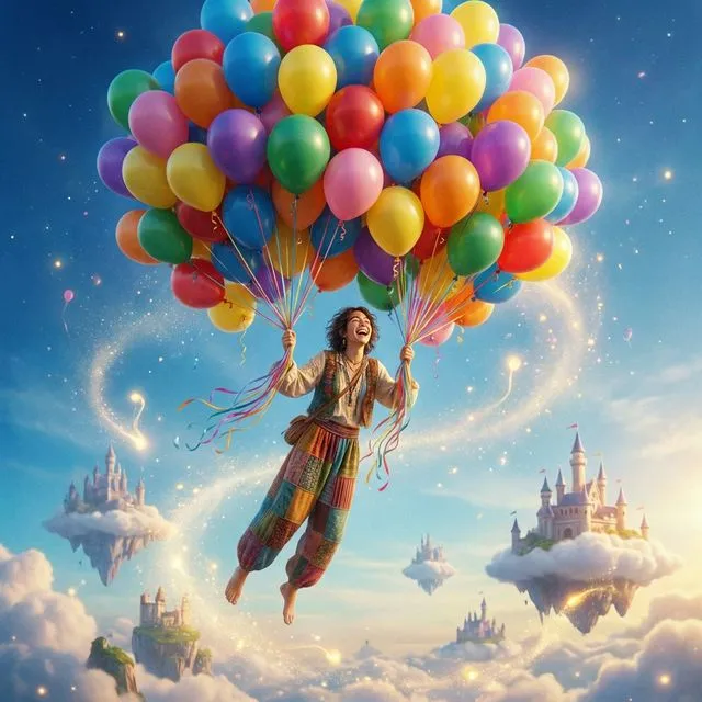 A subject floating away on balloons