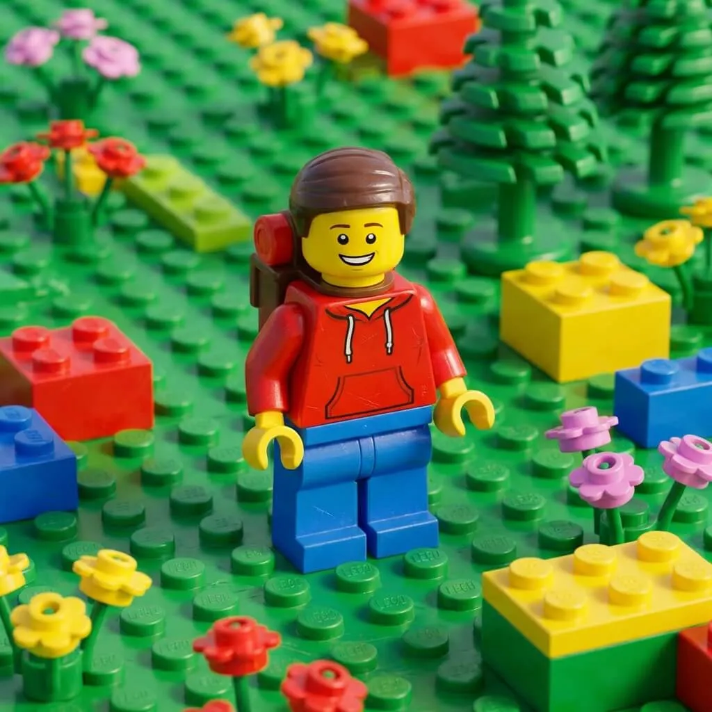 A photo rebuilt as a toy brick minifigure scene