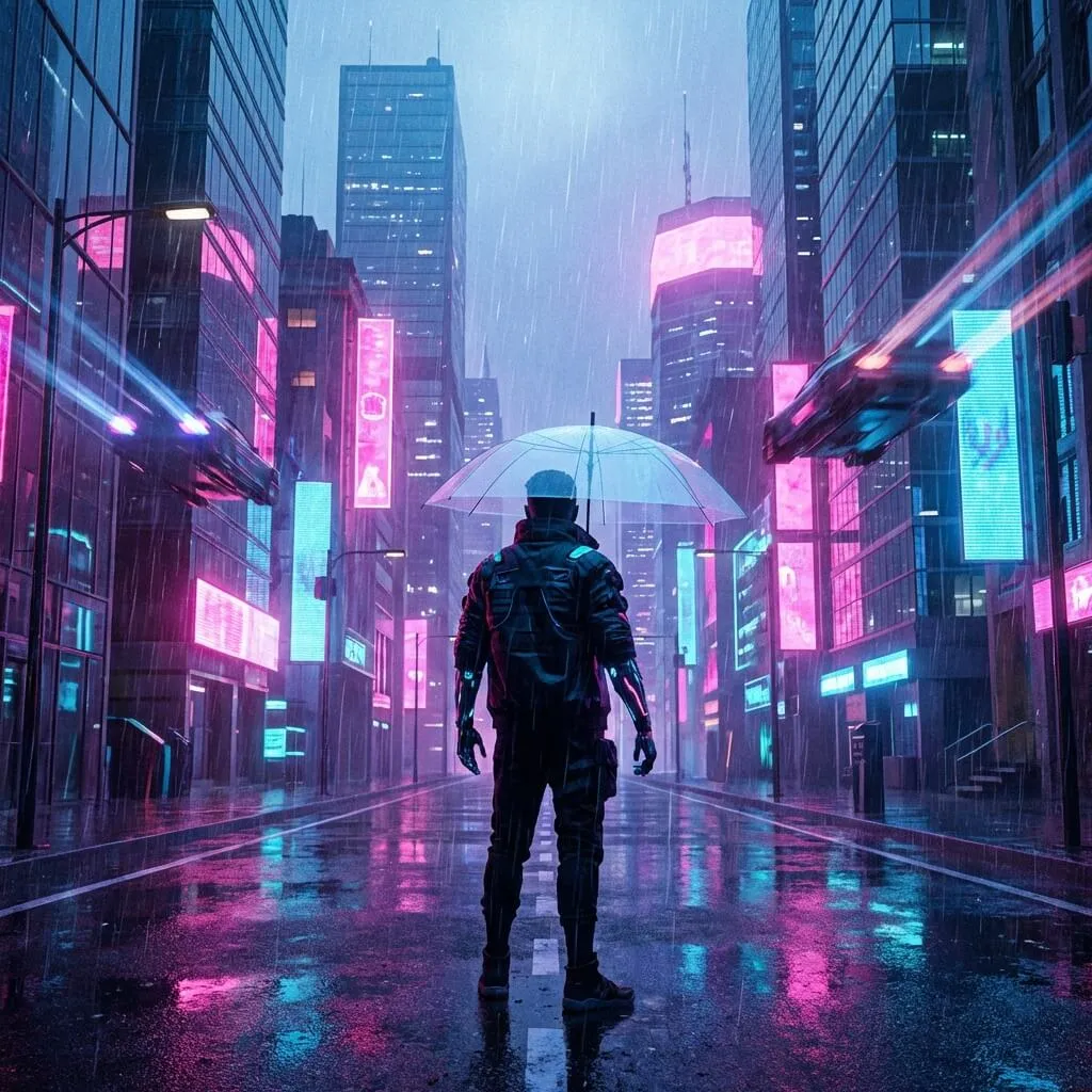A portrait reimagined in a neon cyberpunk city