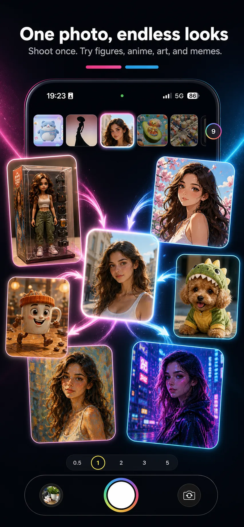 Wondershot showing one photo transformed into many different AI styles at once
