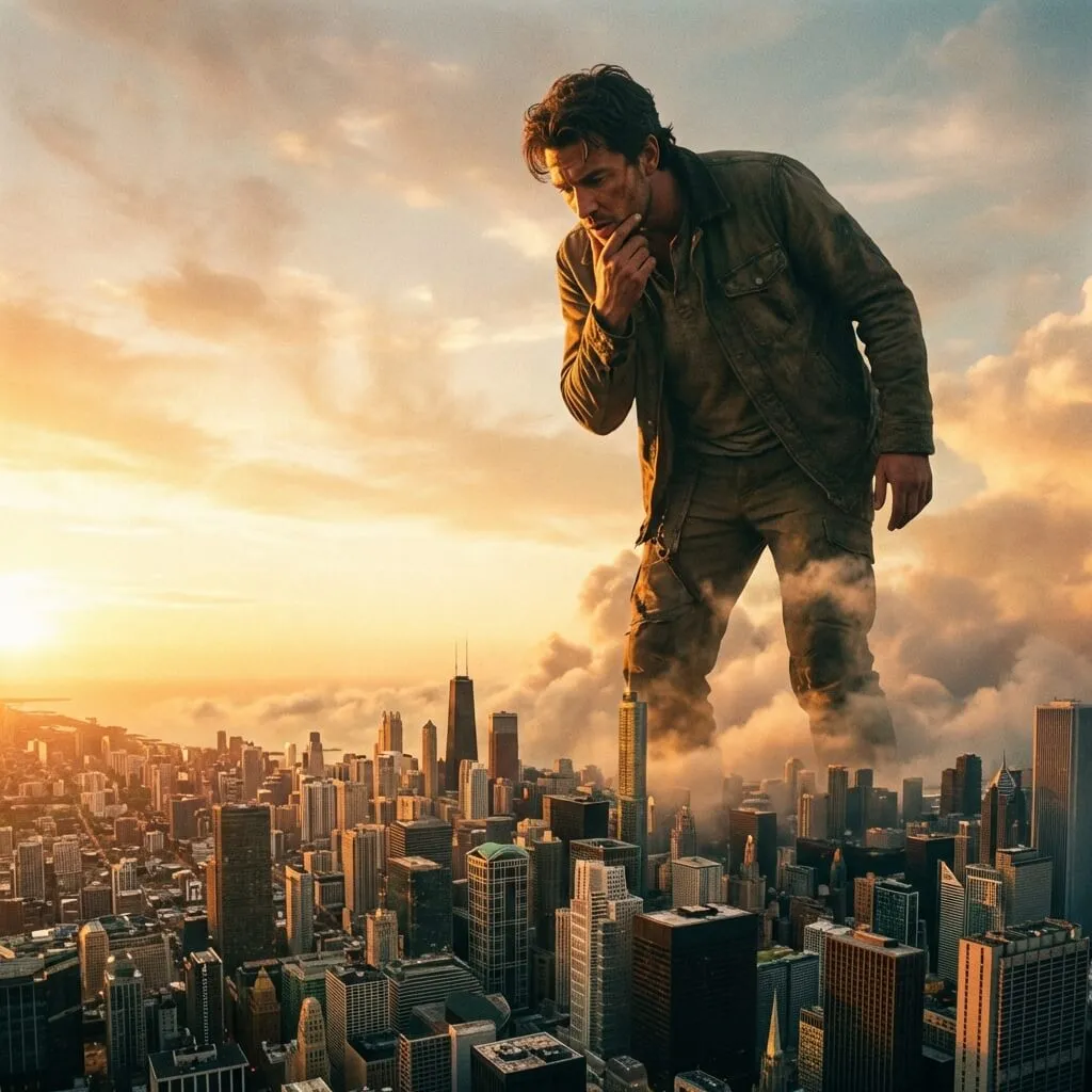 A person turned into a giant towering over a city