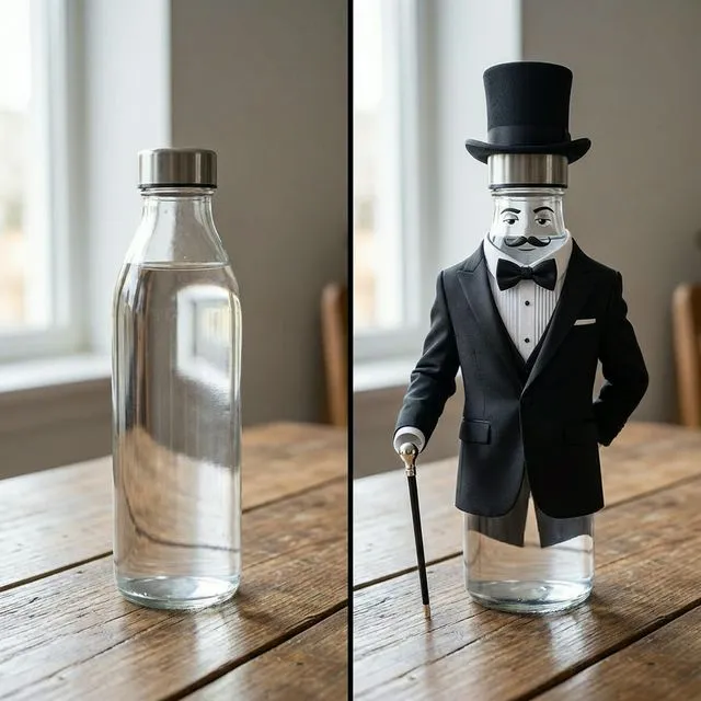 A plain glass bottle beside an AI version dressed as a dapper gentleman in a tuxedo