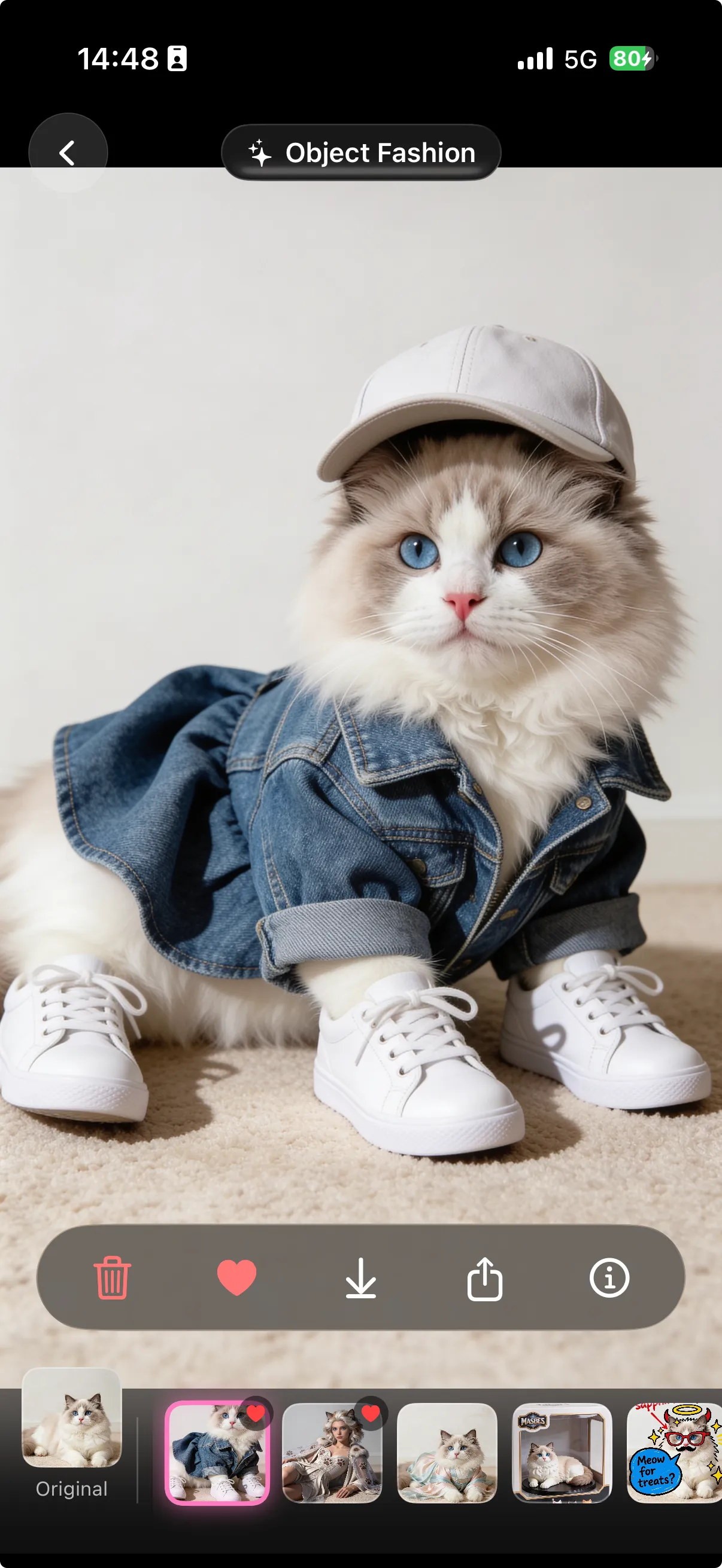 A cat wearing a denim jacket created as an AI pet portrait in the Wondershot app