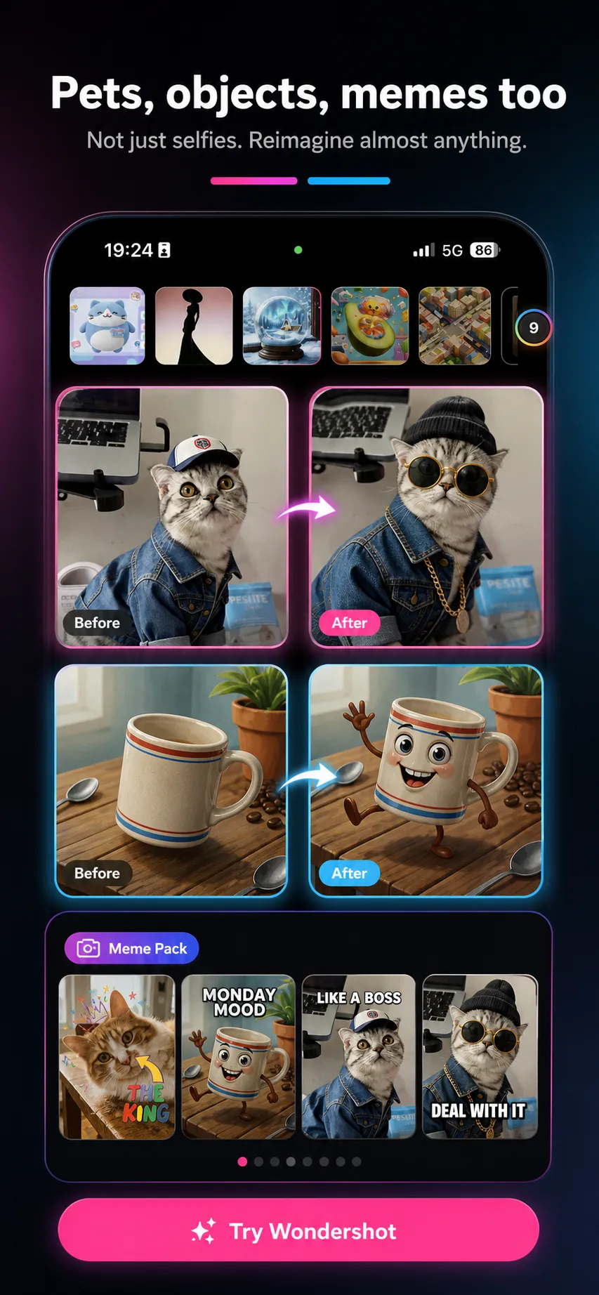 Wondershot turning pet and object photos into funny meme-style edits