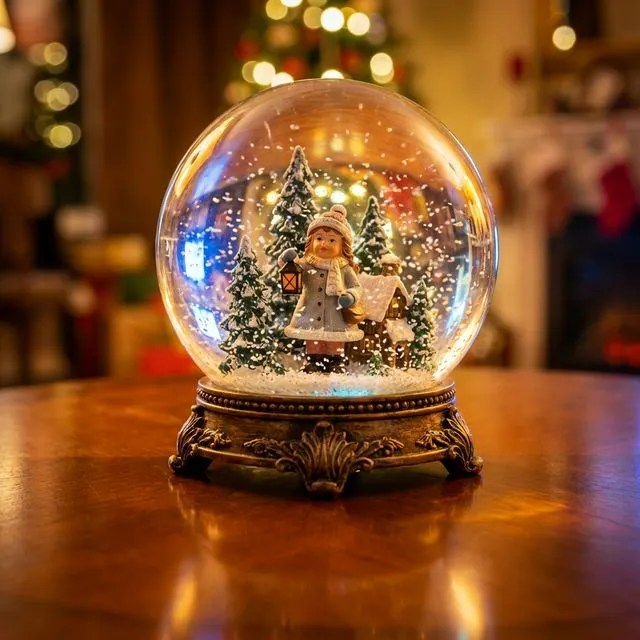 A photo placed inside a magical snow globe scene