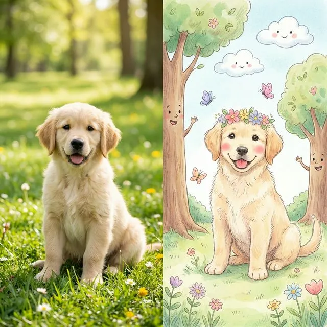 A golden retriever puppy photo beside its AI storybook illustration